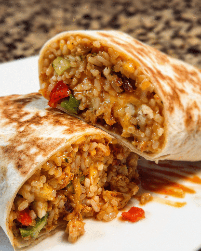 Cheesy chicken and rice burrito toasted golden