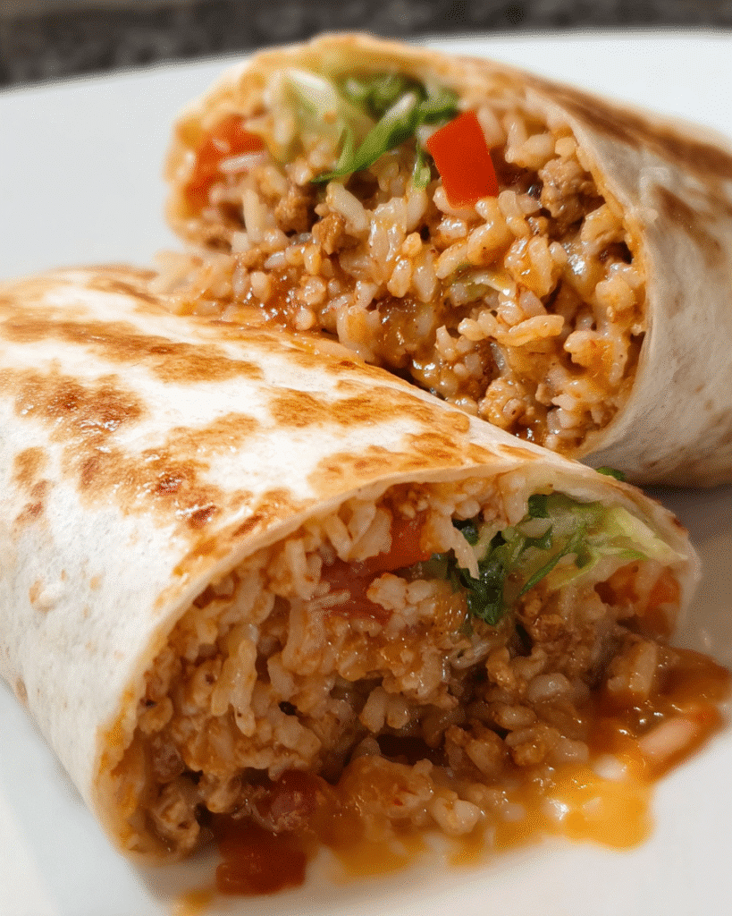 Cheesy chicken and rice burrito toasted golden