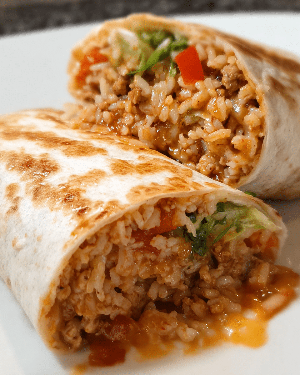 Cheesy chicken and rice burrito toasted golden