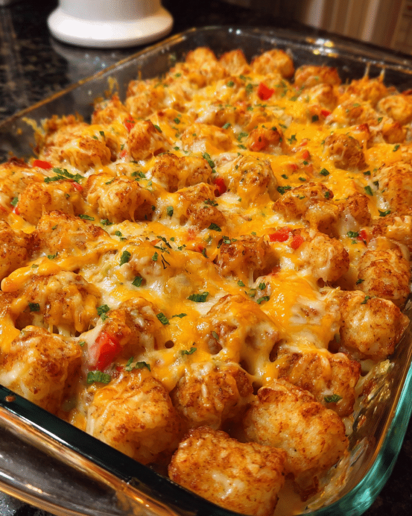 Cheesy chicken tater tot bake fresh from the oven