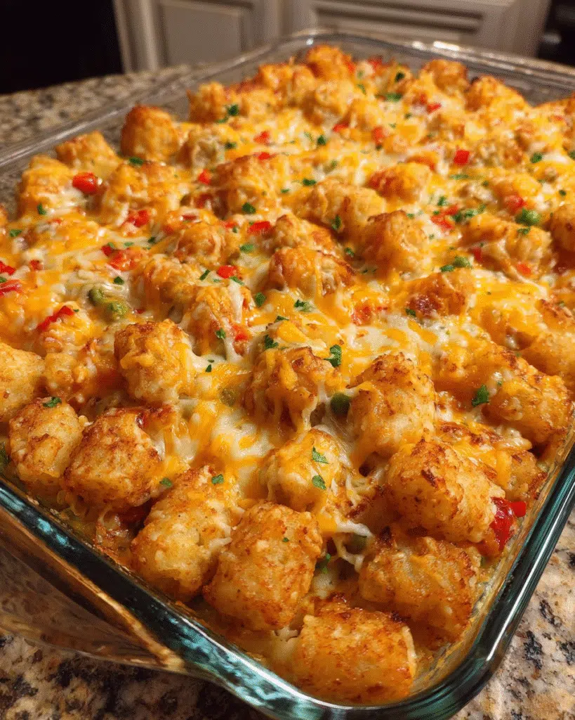 Cheesy chicken tater tot bake fresh from the oven