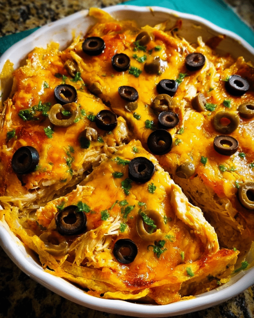 Cheesy Chicken Tortilla Pie baked with tortillas and melted cheese