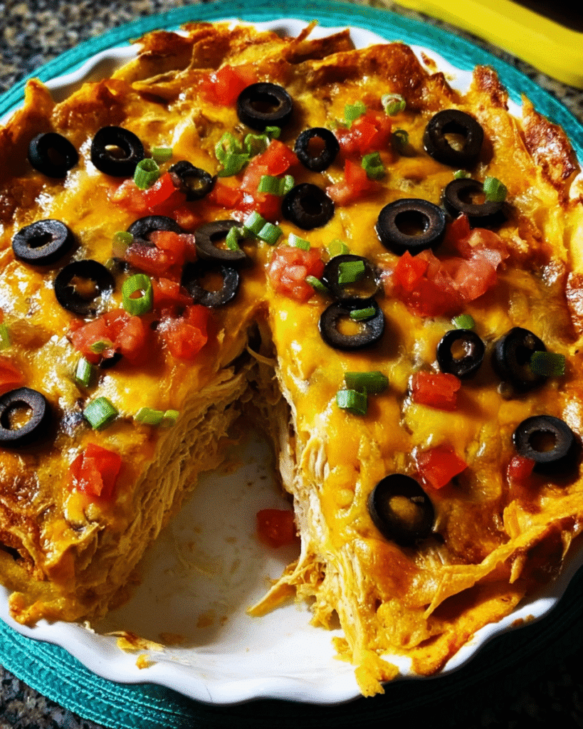 Cheesy Chicken Tortilla Pie baked with tortillas and melted cheese