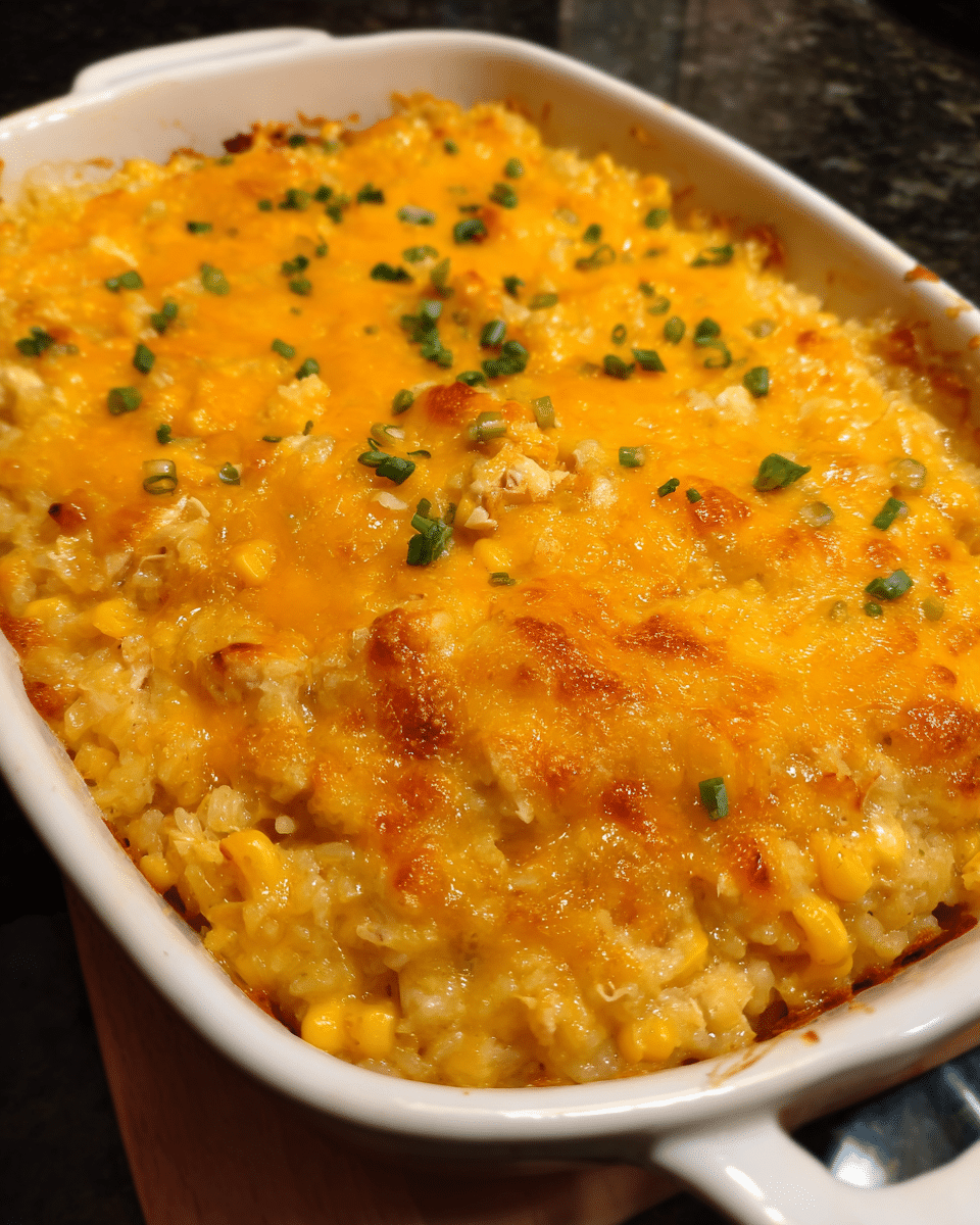 Cheesy chicken and corn casserole baked until golden