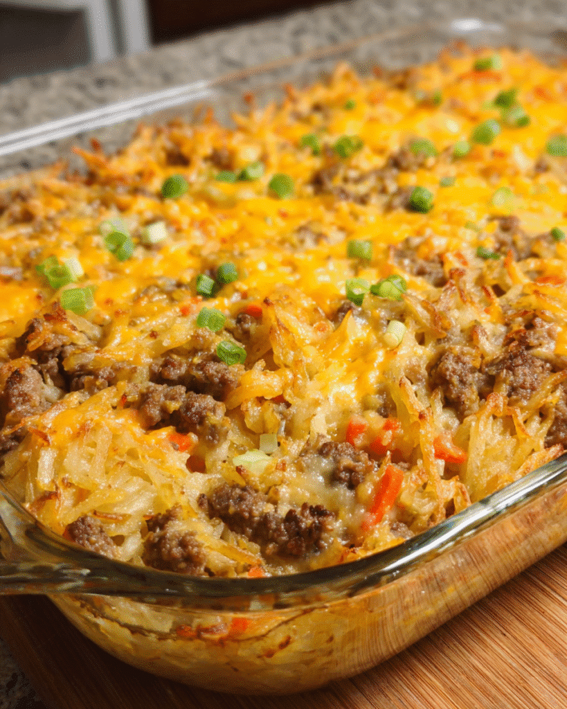 Cheesy ground beef and hashbrown casserole baked until golden