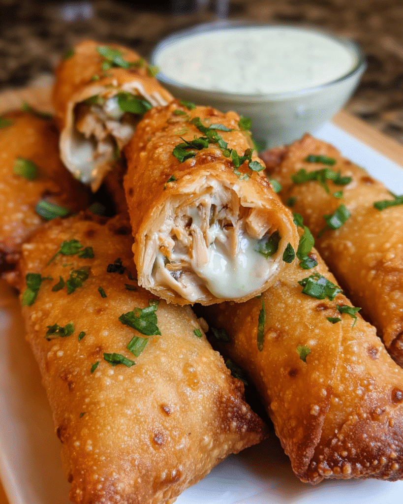 Cheesy jalapeno chicken rolls served with creamy jalapeño dipping sauce