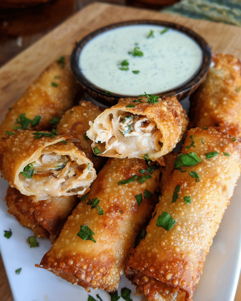 Cheesy jalapeno chicken rolls served with creamy jalapeño dipping sauce
