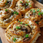 Cheesy Mushroom Pinwheels baked golden on a platter