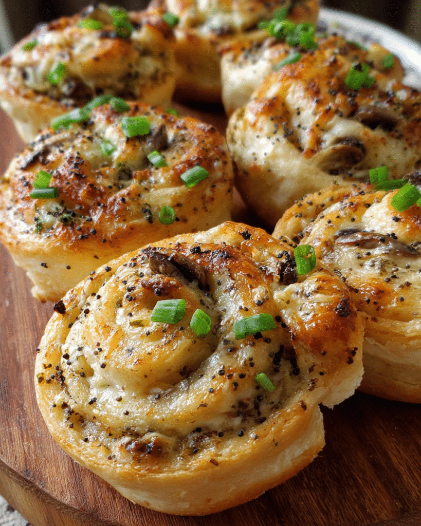 Cheesy Mushroom Pinwheels baked golden on a platter