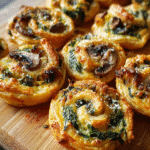 Cheesy Mushroom and Spinach Pinwheels baked golden and crisp