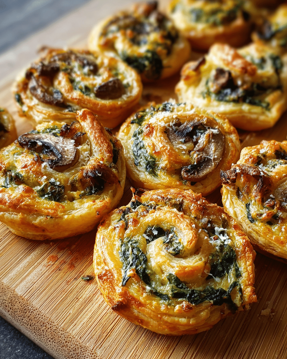 Cheesy Mushroom and Spinach Pinwheels baked golden and crisp