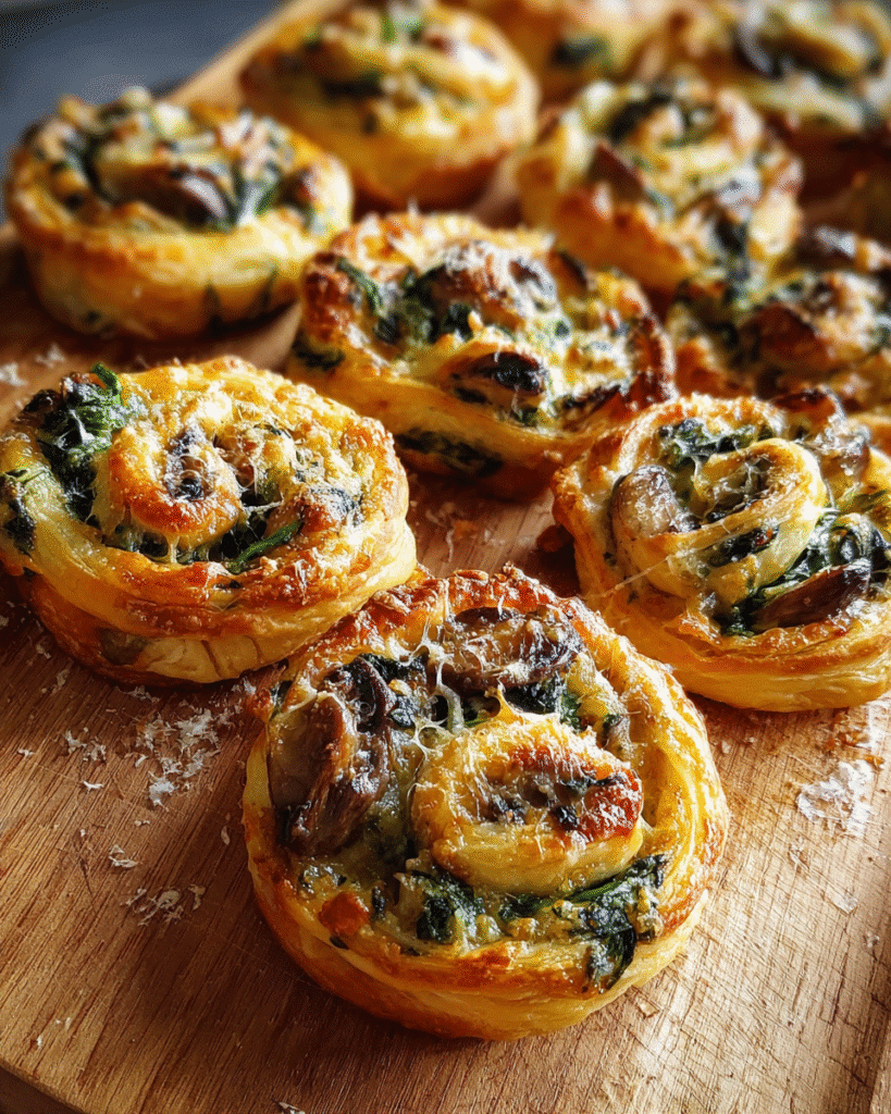Cheesy Mushroom and Spinach Pinwheels baked golden and crisp