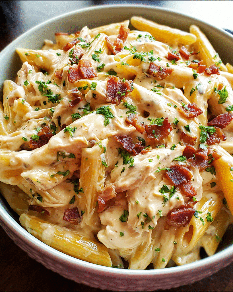 Cheesy ranch chicken pasta served creamy and hot