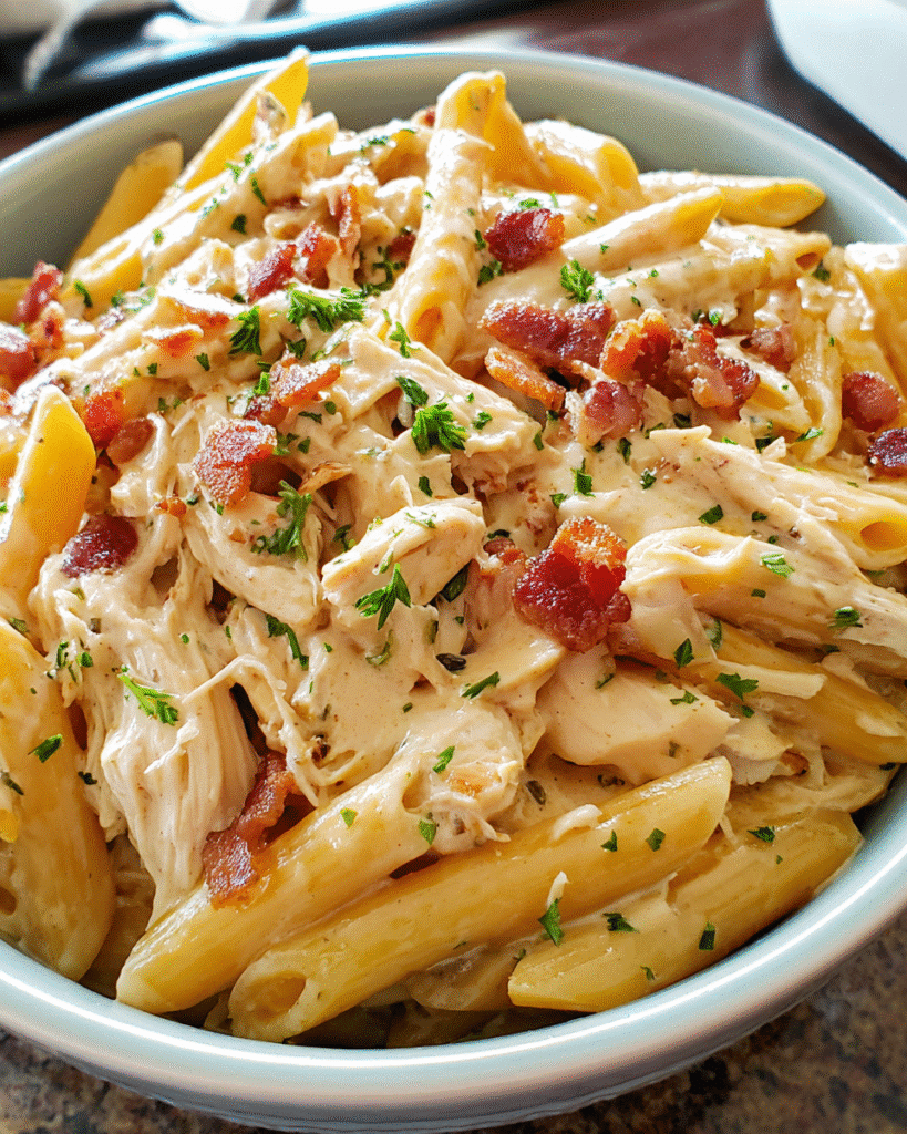 Cheesy ranch chicken pasta served creamy and hot