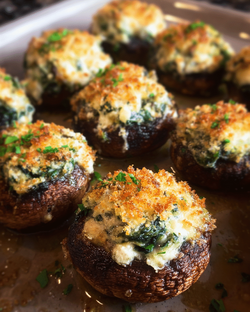 Cheesy Spinach Stuffed Mushrooms baked with creamy spinach filling and crispy topping.