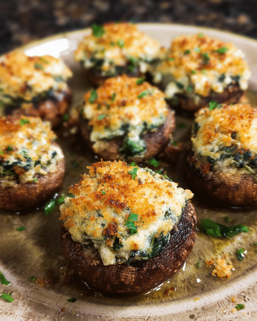 Cheesy Spinach Stuffed Mushrooms baked with creamy spinach filling and crispy topping.