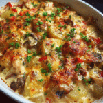 Cheesy chicken and potato bake with golden cheddar topping