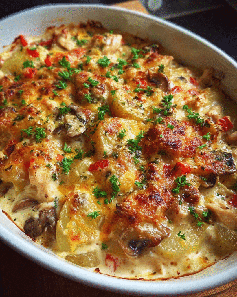 Cheesy chicken and potato bake with golden cheddar topping
