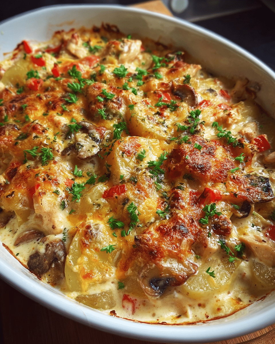 Cheesy chicken and potato bake with golden cheddar topping