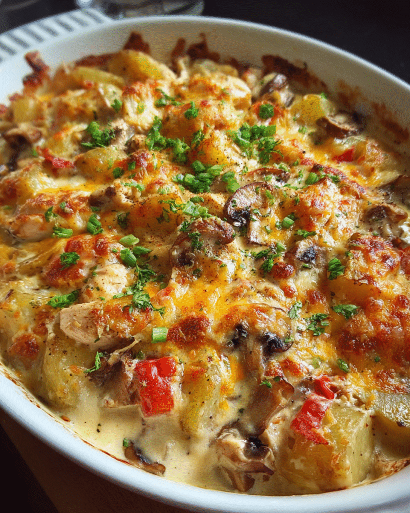 Cheesy chicken and potato bake with golden cheddar topping