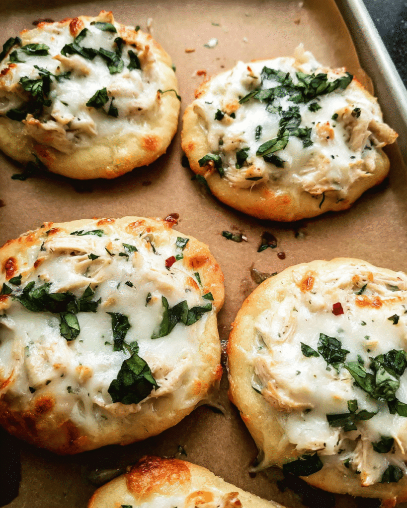 Chicken Alfredo Biscuit Pizza baked on fluffy biscuit crust
