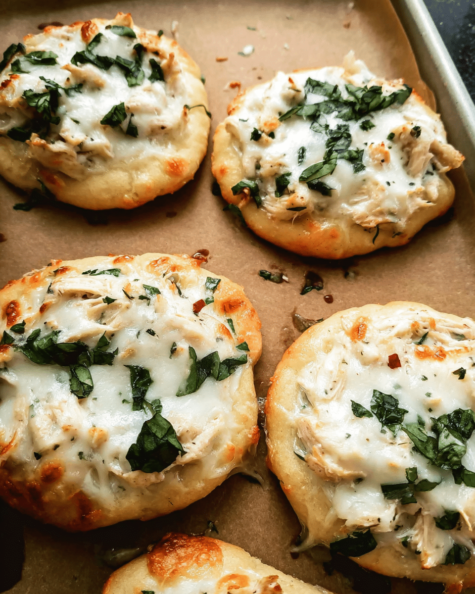 Chicken Alfredo Biscuit Pizza baked on fluffy biscuit crust