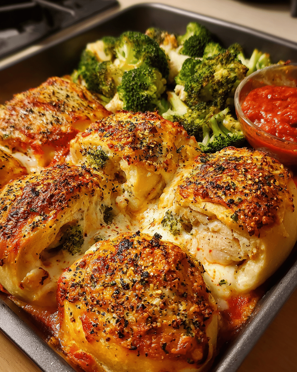 Chicken Alfredo Pizza Rolls baked golden with broccoli and creamy sauce