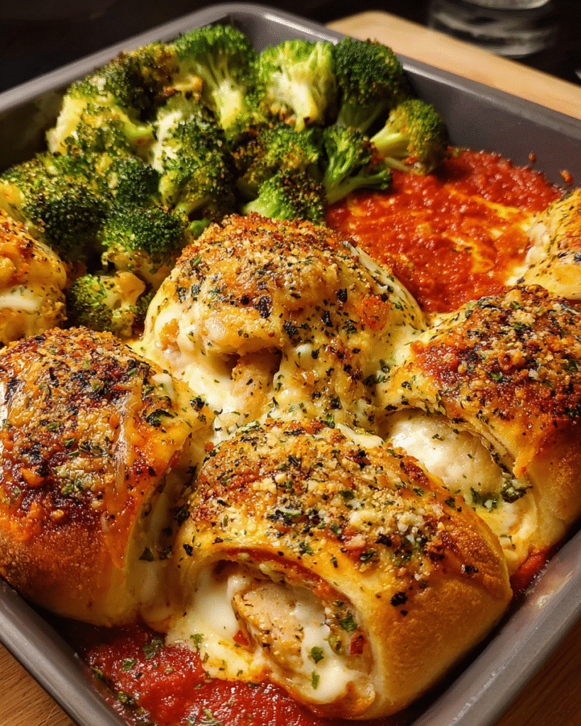 Chicken Alfredo Pizza Rolls baked golden with broccoli and creamy sauce