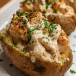 Chicken Alfredo stuffed potato with creamy sauce and chicken