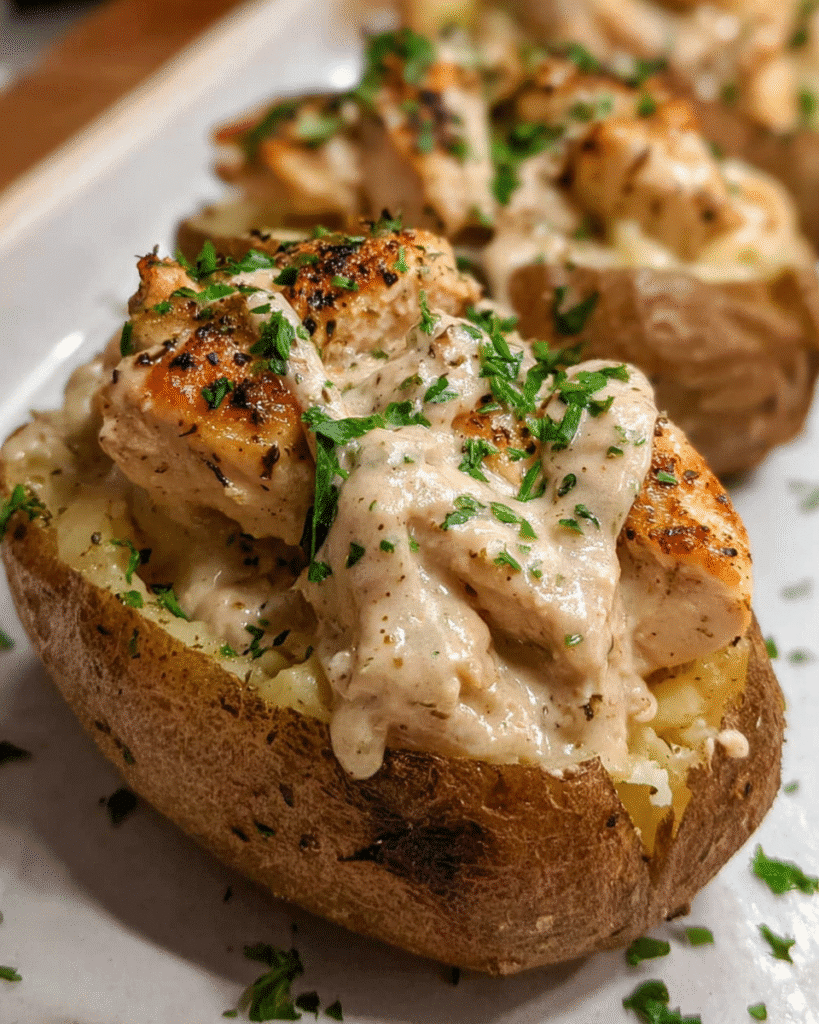 Chicken Alfredo stuffed potato with creamy sauce and chicken