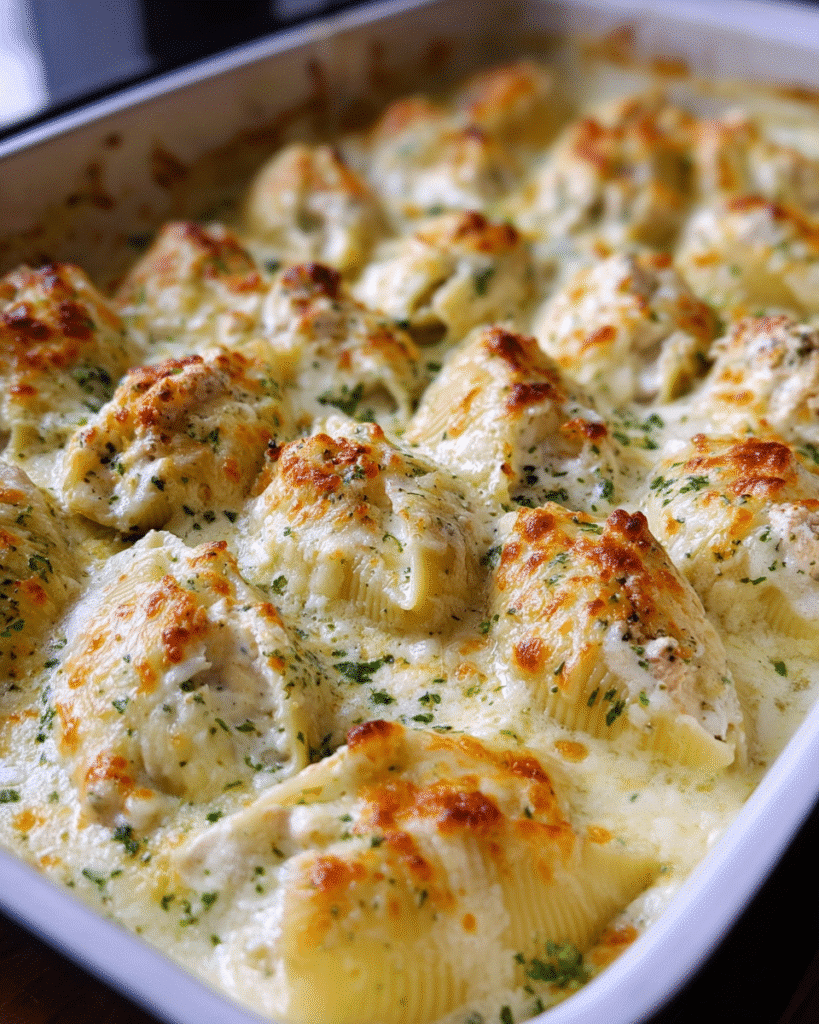 Baked chicken Alfredo stuffed shells with creamy sauce