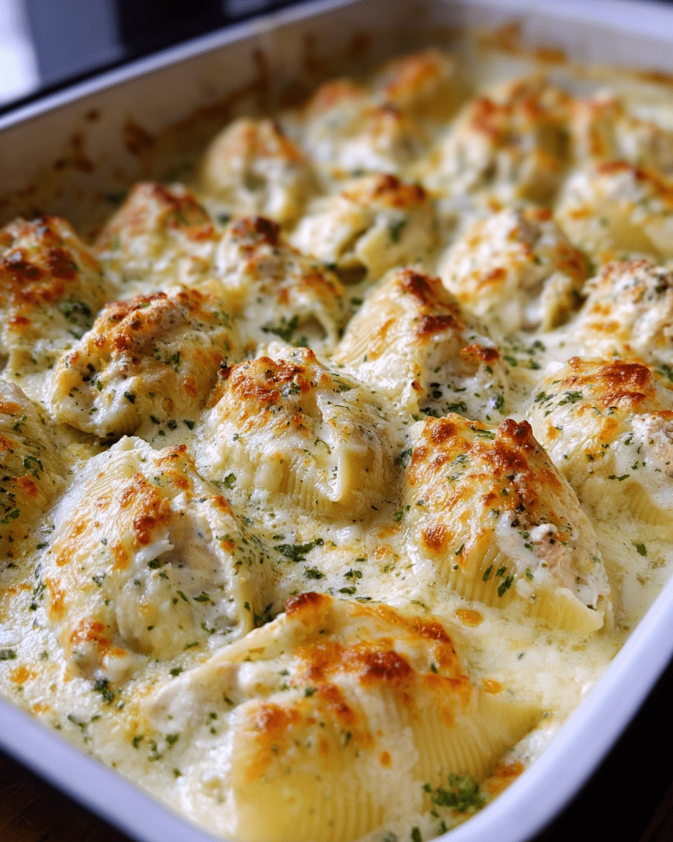 Baked chicken Alfredo stuffed shells with creamy sauce