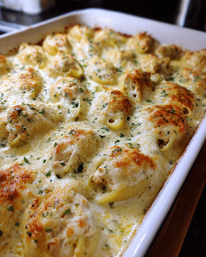 Baked chicken Alfredo stuffed shells with creamy sauce