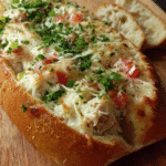 Chicken Bacon Alfredo Stuffed Bread sliced and served warm