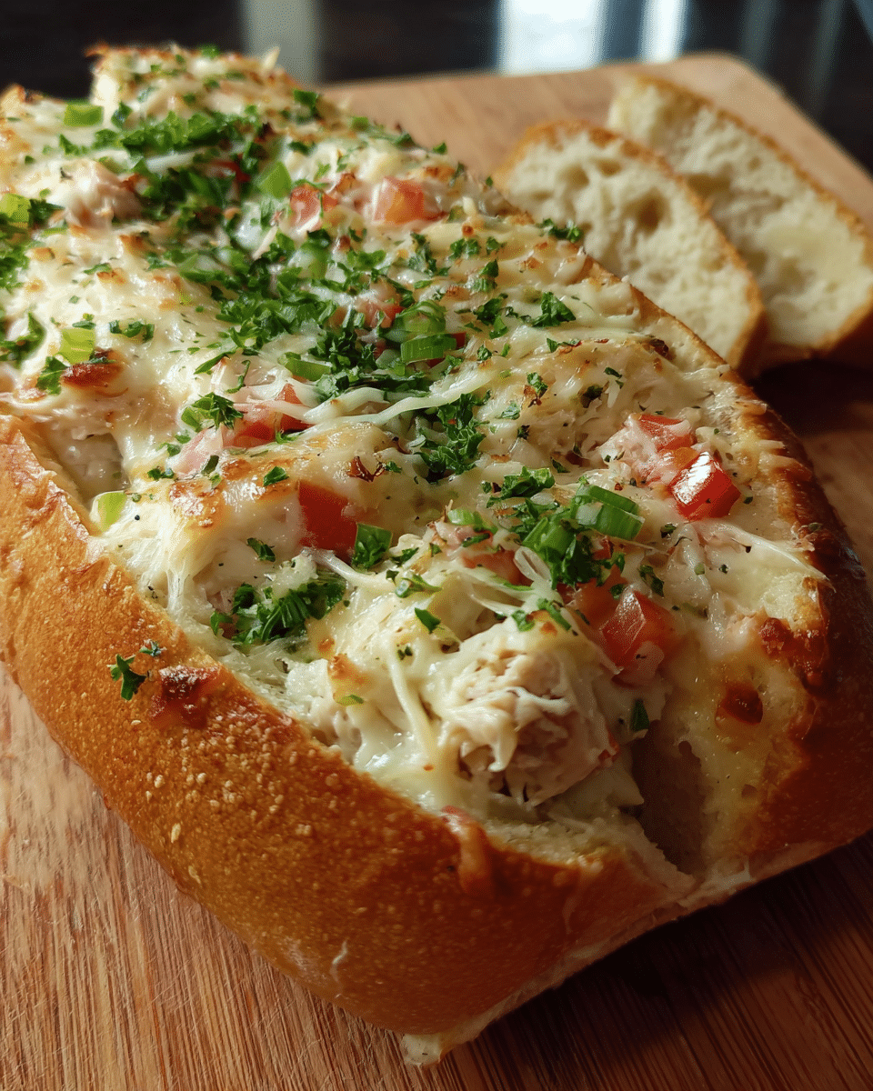 Chicken Bacon Alfredo Stuffed Bread sliced and served warm
