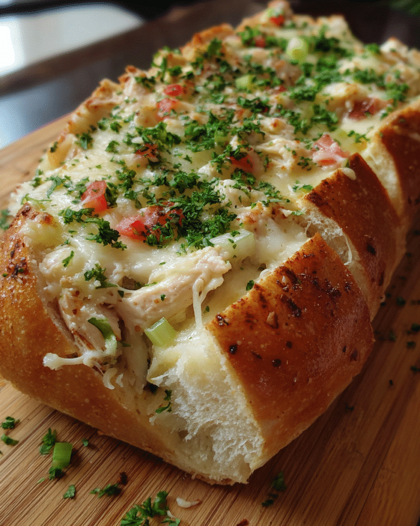 Chicken Bacon Alfredo Stuffed Bread sliced and served warm