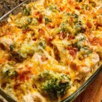 creamy chicken bacon ranch casserole in baking dish