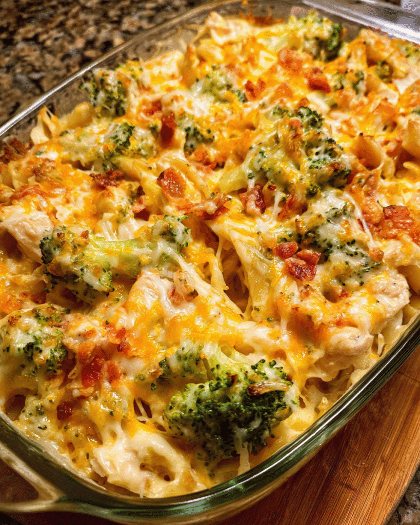 creamy chicken bacon ranch casserole in baking dish