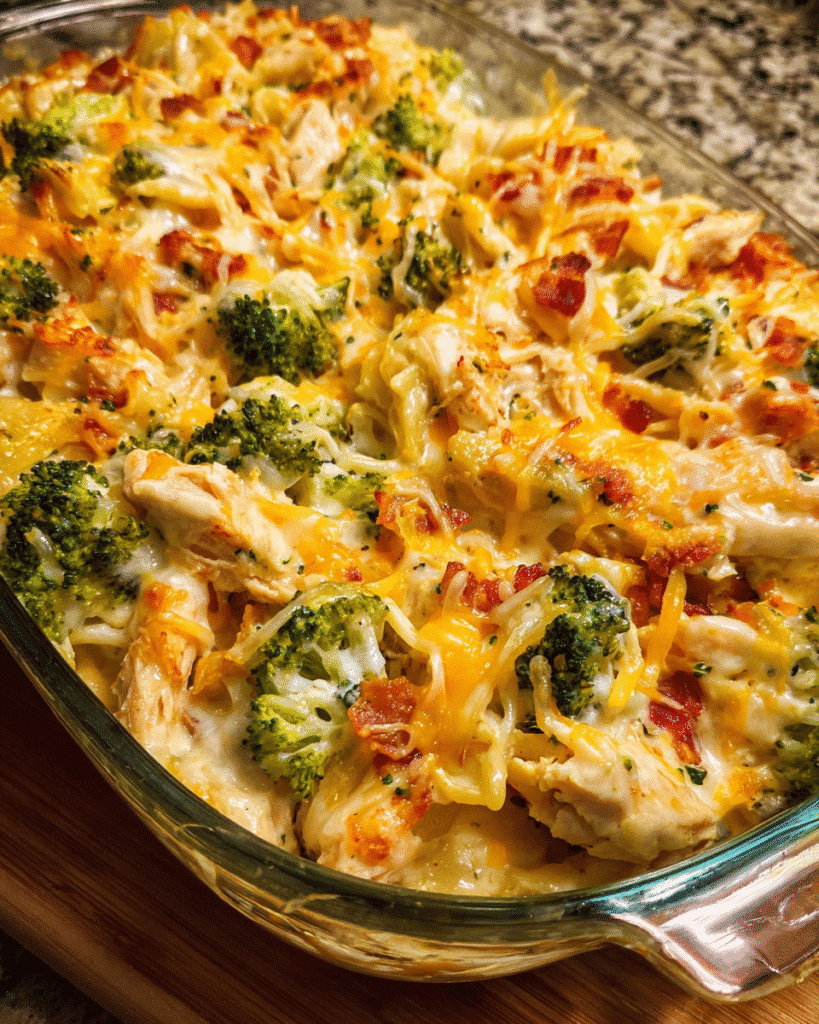 creamy chicken bacon ranch casserole in baking dish