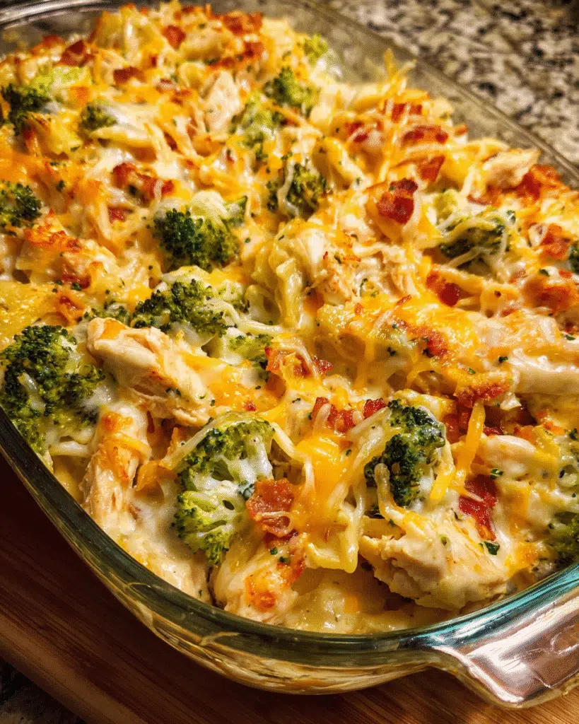 creamy chicken bacon ranch casserole in baking dish