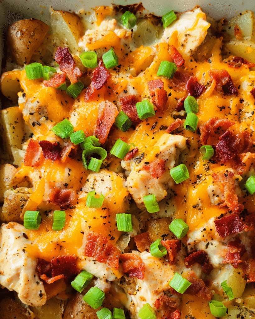 Chicken Bacon Ranch Potato Bake in casserole dish with melted cheese and bacon
