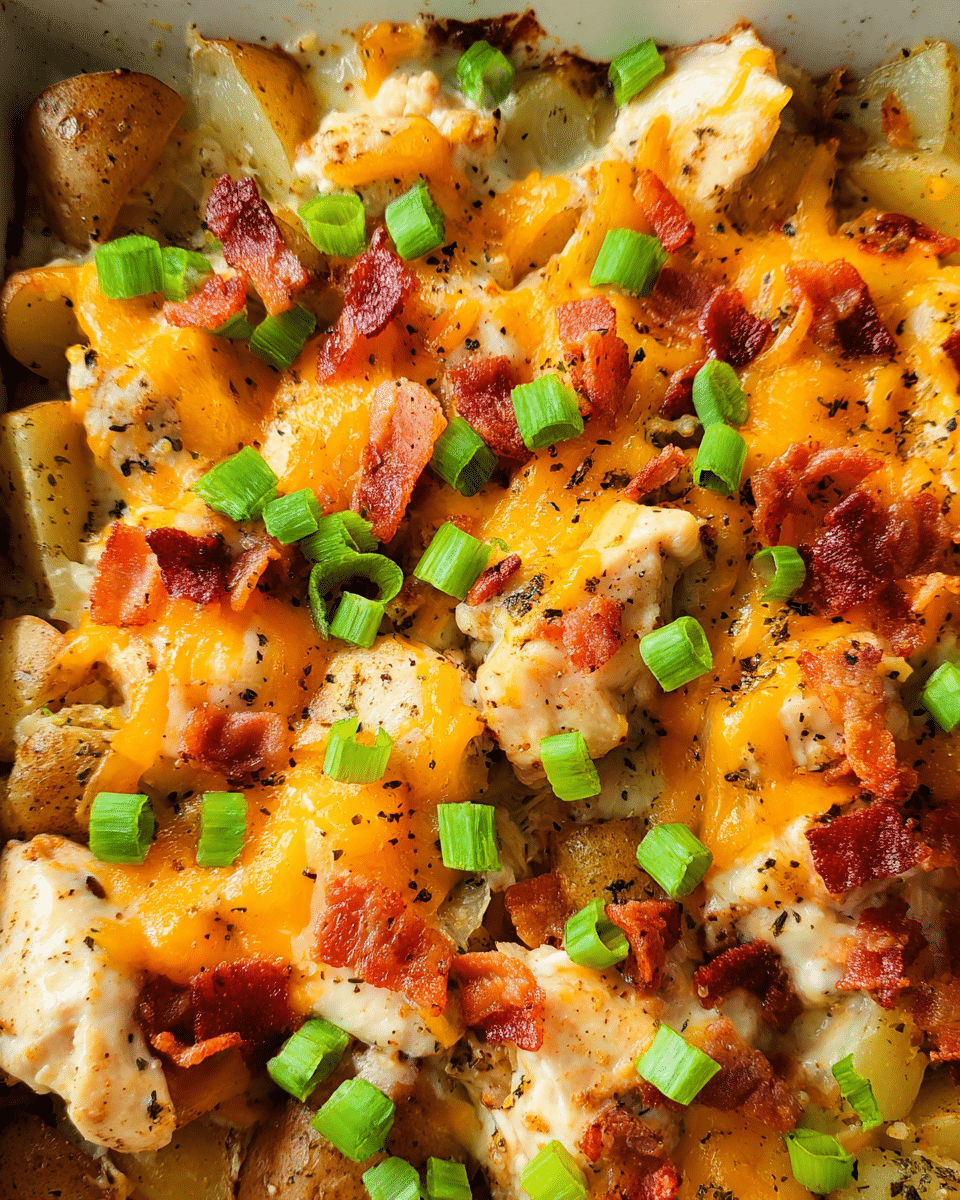 Chicken Bacon Ranch Potato Bake in casserole dish with melted cheese and bacon