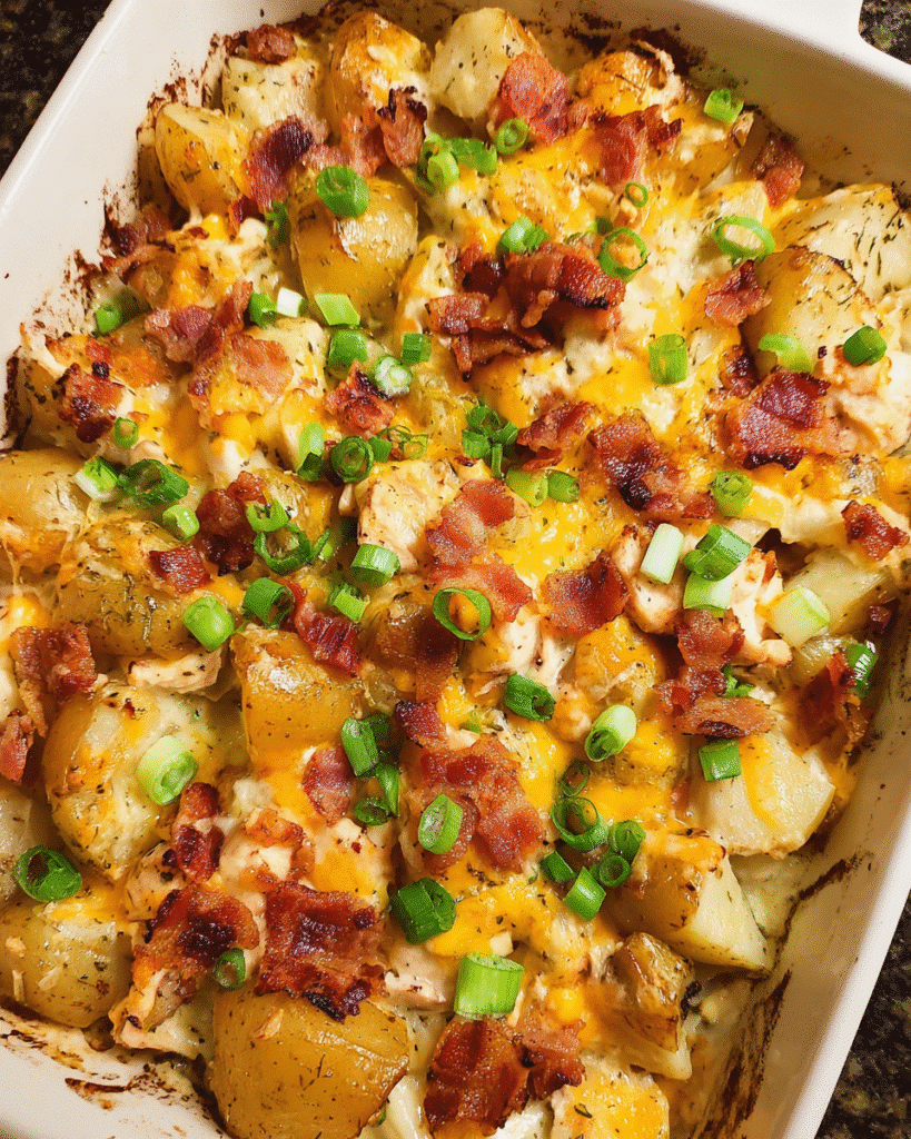 Chicken bacon ranch potato bake fresh from the oven