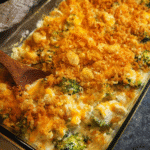 Chicken broccoli rice casserole baked with cracker topping