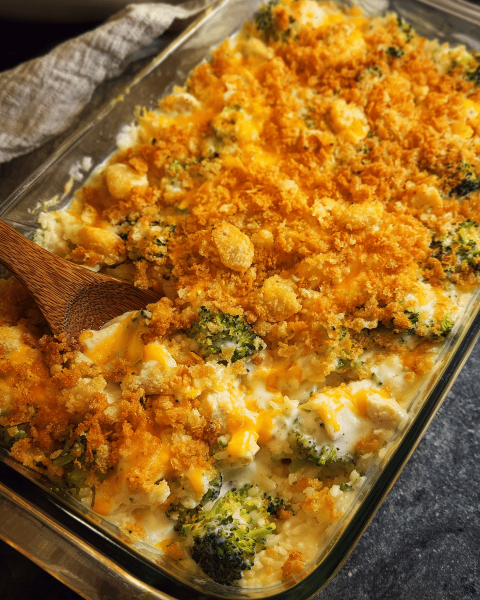 Chicken broccoli rice casserole baked with cracker topping