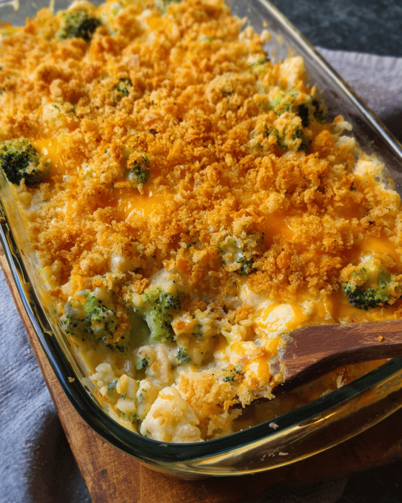 Chicken broccoli rice casserole baked with cracker topping