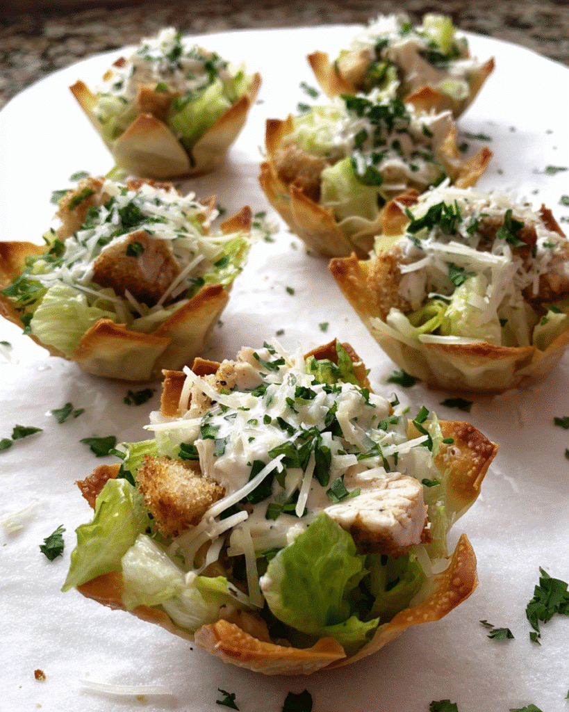Chicken Caesar Salad Cups served in baked wonton shells
