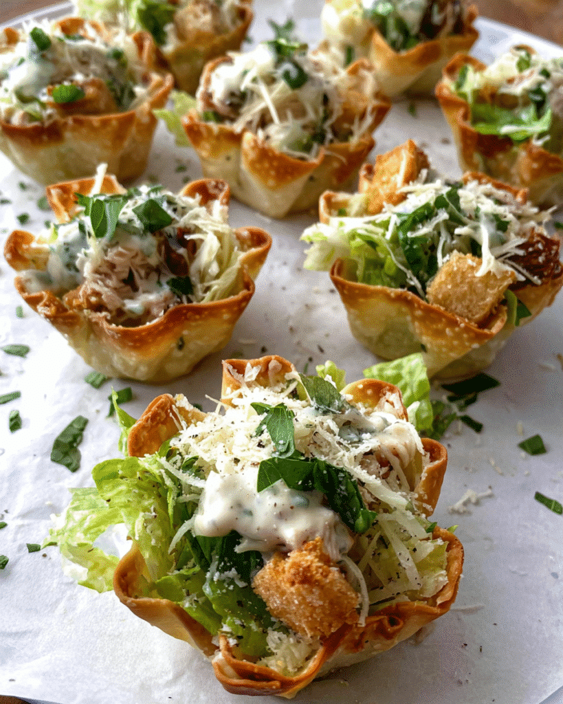 Chicken Caesar Salad Cups served in baked wonton shells