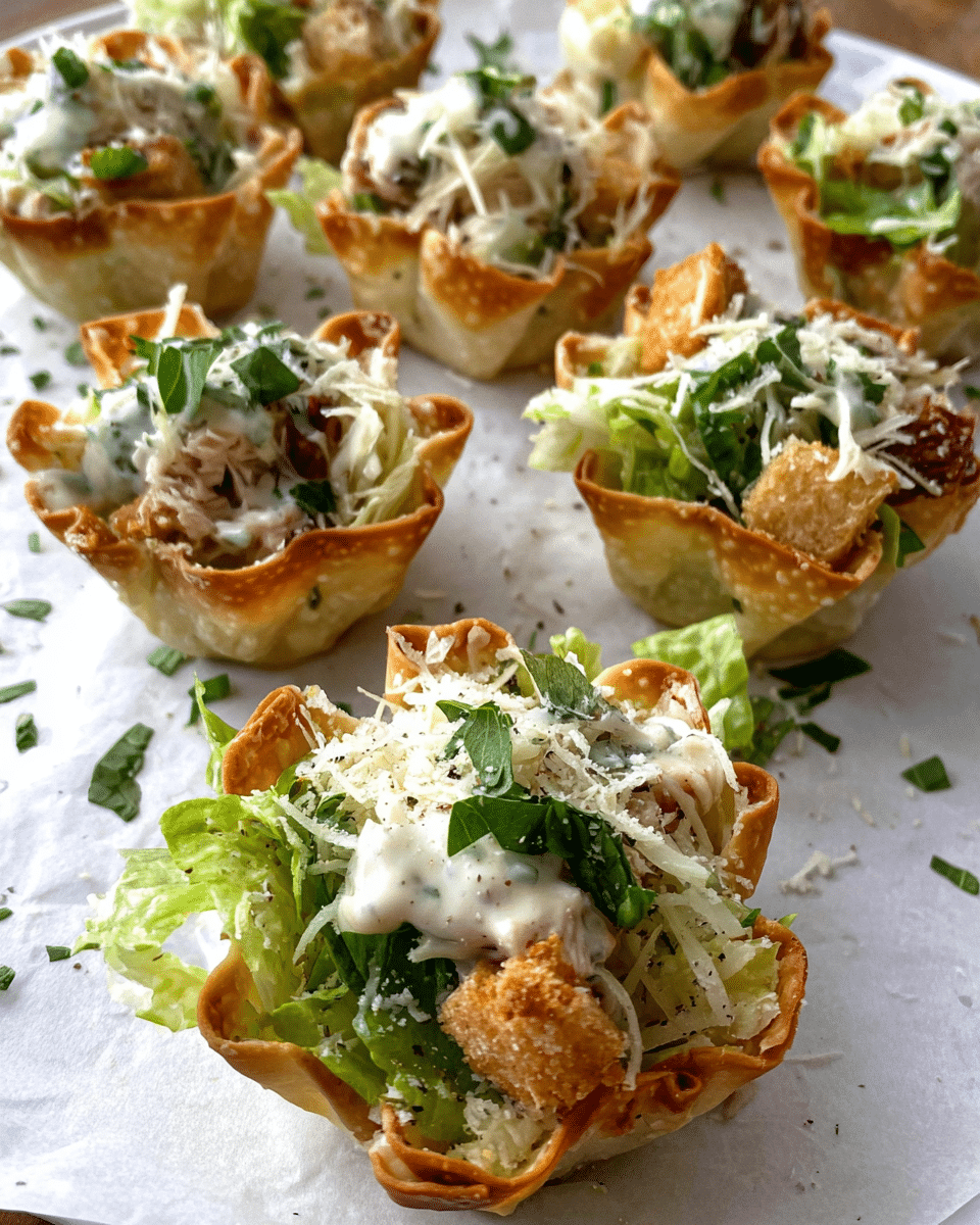 Chicken Caesar Salad Cups served in baked wonton shells
