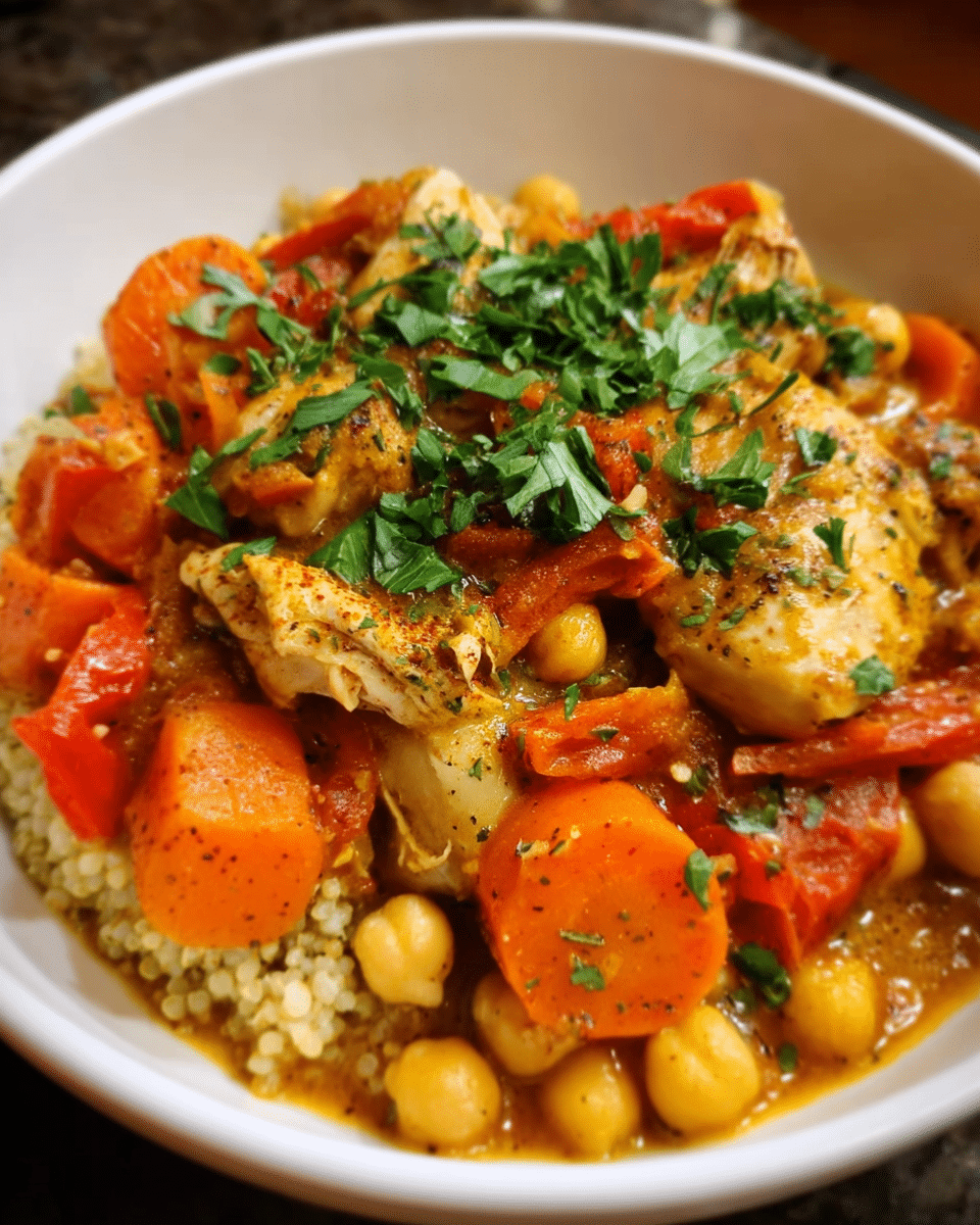 bowl of chicken and chickpea Mediterranean-style stew